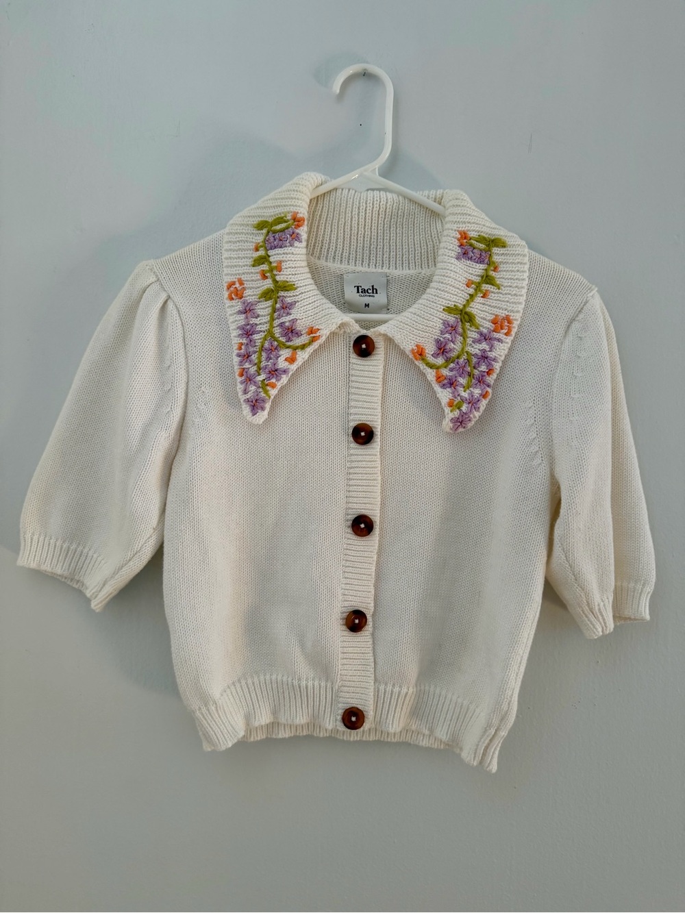 TACH White Knit Cardigan with Floral Embroidered Collar